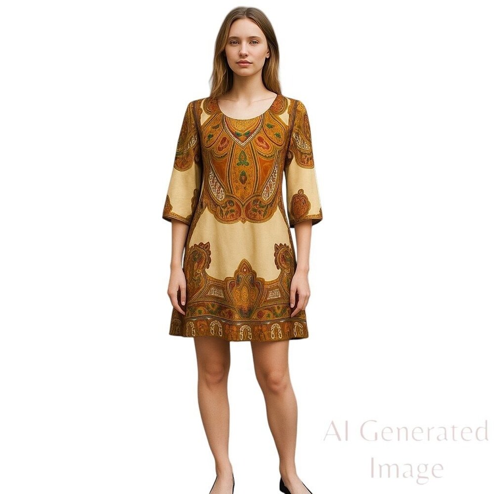 FUNKY PEOPLE Boho Hippie Brown Paisley  3/4 Sleeve Lined Mini Dress Women Sz S
